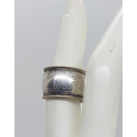 Vintage Sterling Silver Ring Cigar Band Wide Floral Engraved Gold Rope Edge sz 7 - Picture 6 of 11